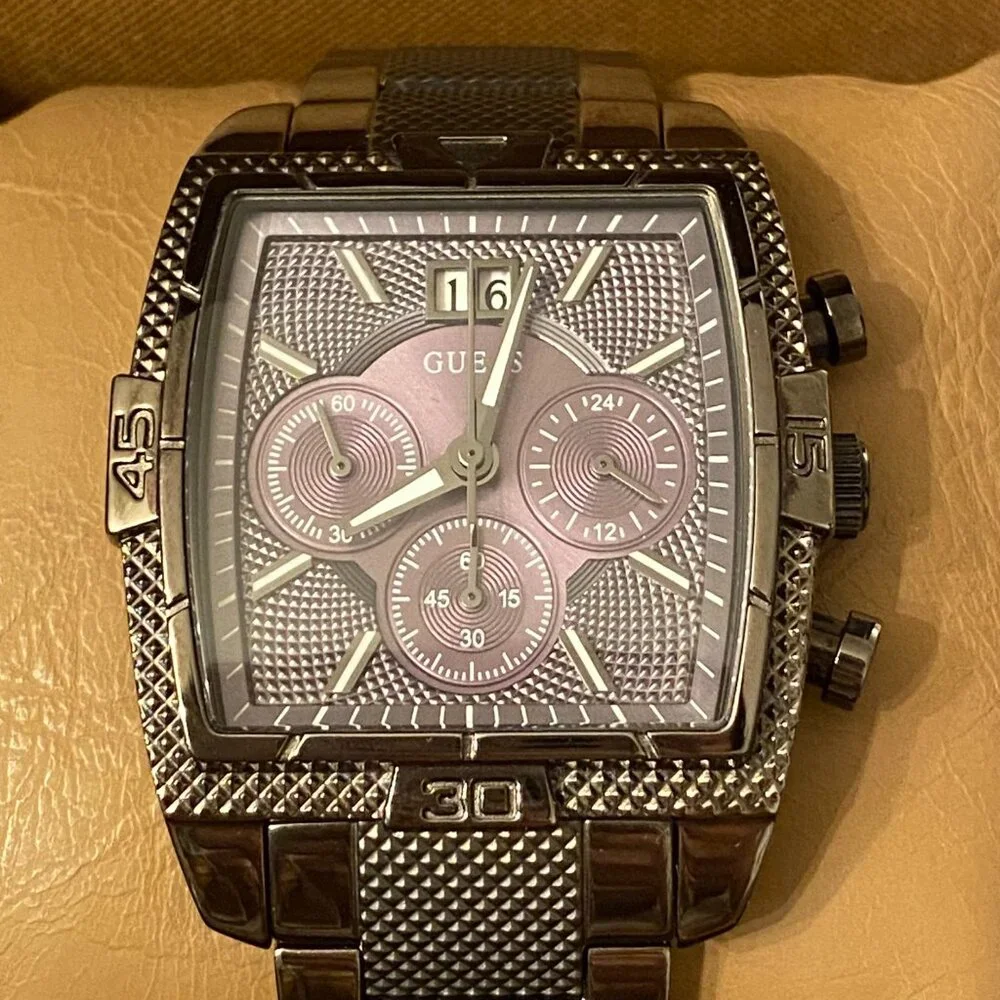 Men's GUESS Watch Gunmetal Gray Classic Rectangular Face and Steel Band with Box